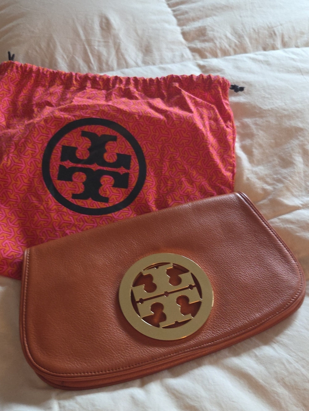 Tory Burch Tan Leather Clutch with Gold Logo Medallion